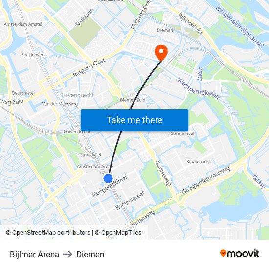 Bijlmer Arena to Diemen map