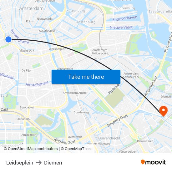 Leidseplein to Diemen map