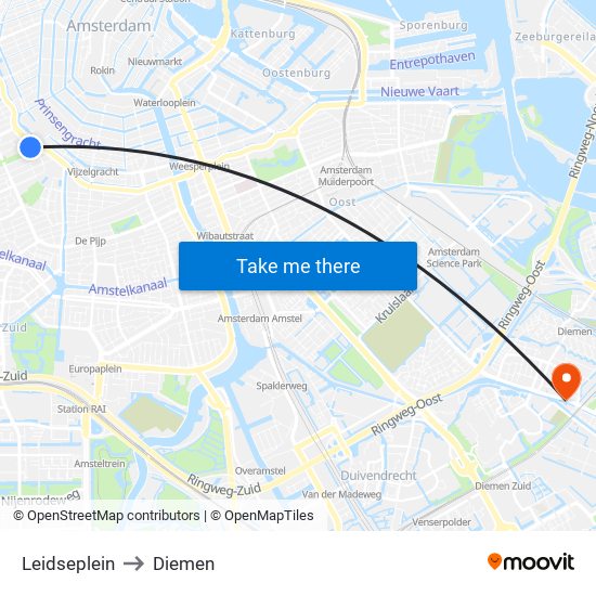 Leidseplein to Diemen map