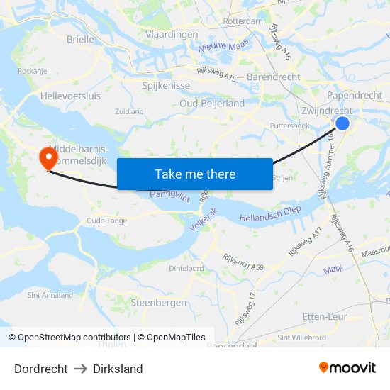 Dordrecht to Dirksland map