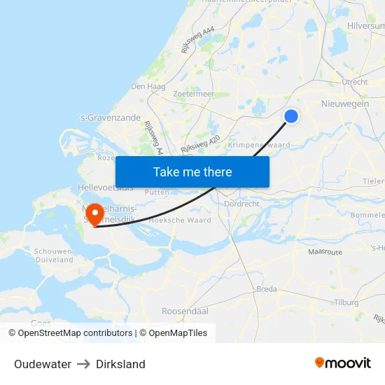 Oudewater to Dirksland map