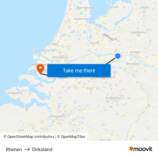 Rhenen to Dirksland map