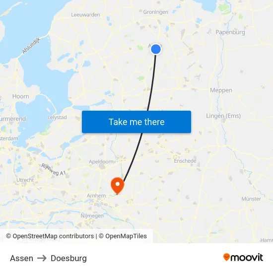 Assen to Doesburg map