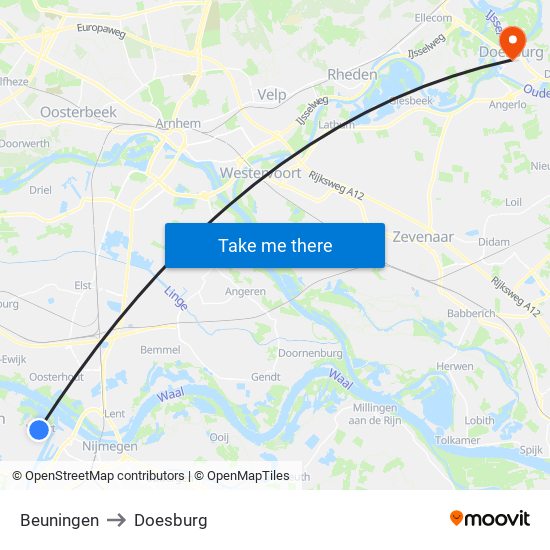 Beuningen to Doesburg map