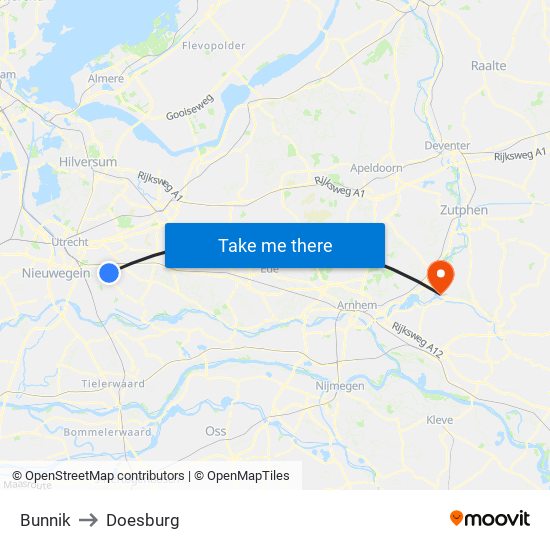 Bunnik to Doesburg map