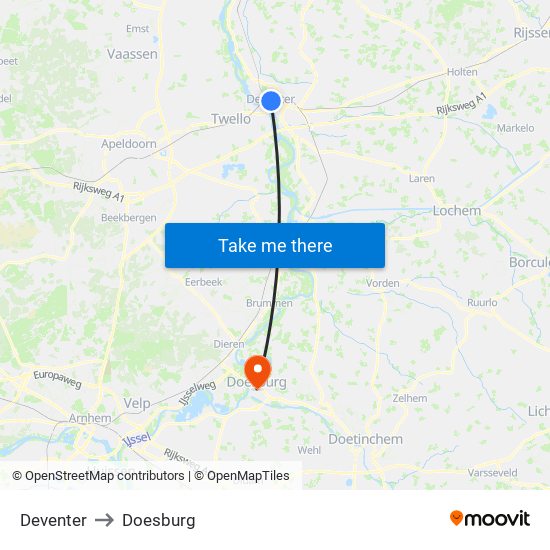 Deventer to Doesburg map