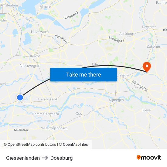 Giessenlanden to Doesburg map
