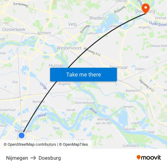 Nijmegen to Doesburg map