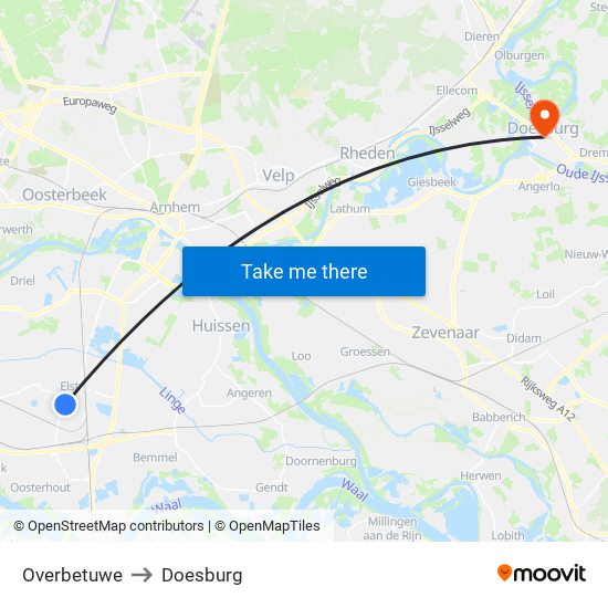 Overbetuwe to Doesburg map