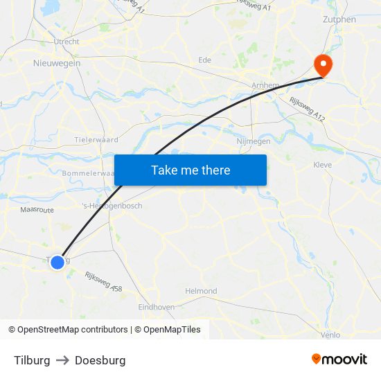 Tilburg to Doesburg map