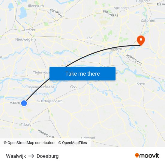 Waalwijk to Doesburg map