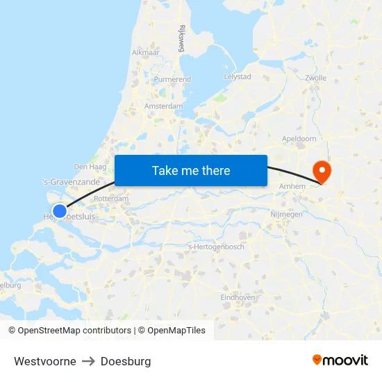 Westvoorne to Doesburg map