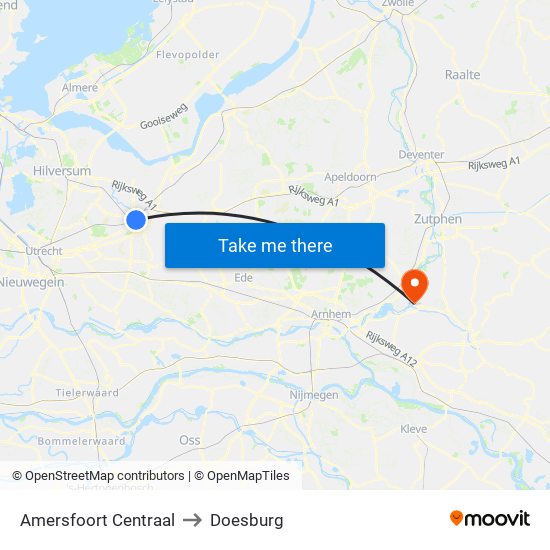 Amersfoort Centraal to Doesburg map