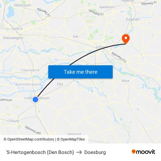 'S-Hertogenbosch (Den Bosch) to Doesburg map