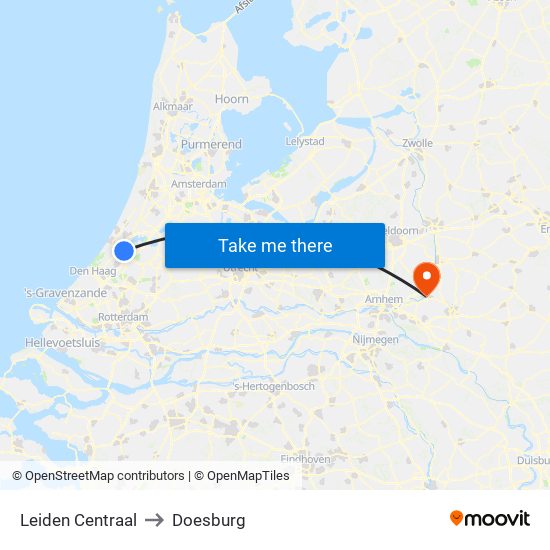 Leiden Centraal to Doesburg map
