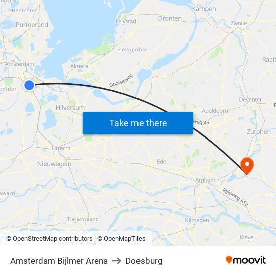 Amsterdam Bijlmer Arena to Doesburg map