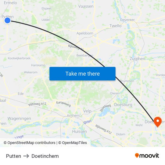 Putten to Doetinchem map