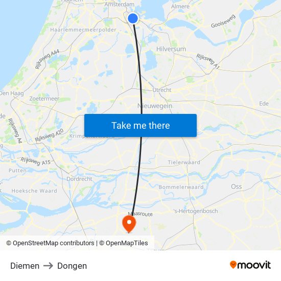 Diemen to Dongen map