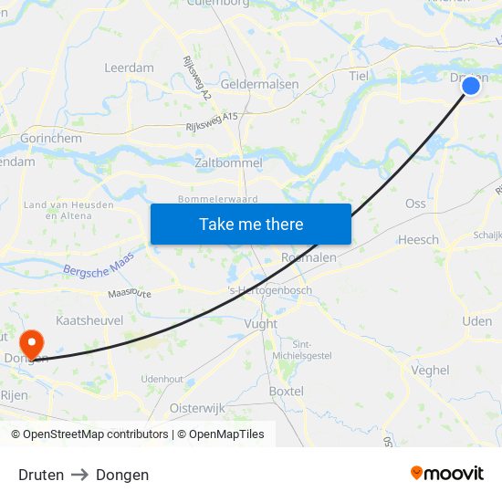 Druten to Dongen map