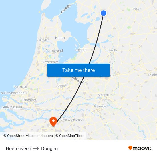 Heerenveen to Dongen map