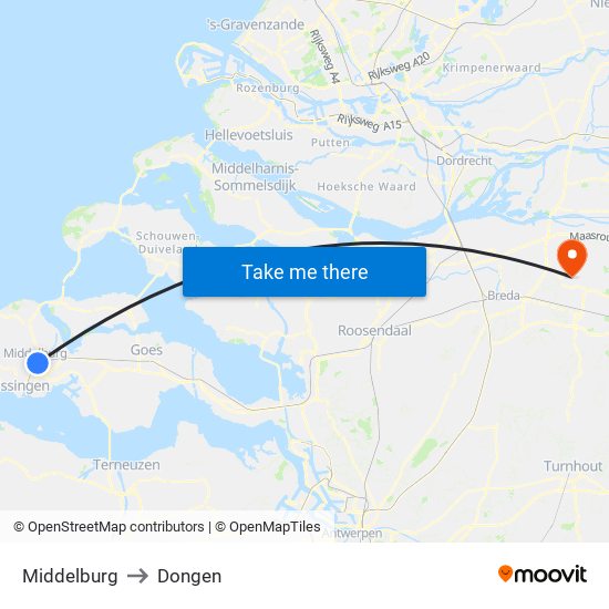 Middelburg to Dongen map