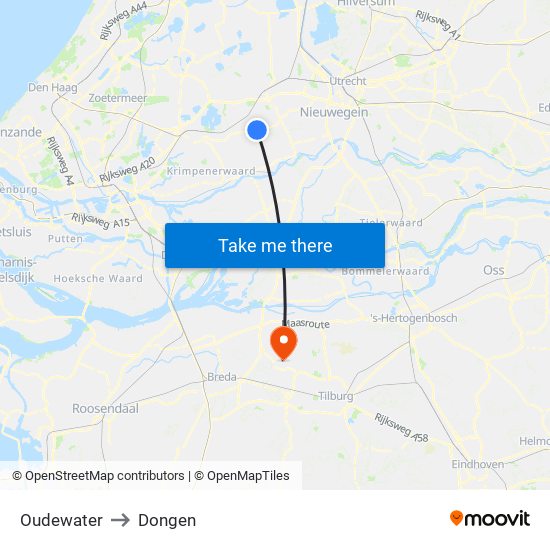 Oudewater to Dongen map