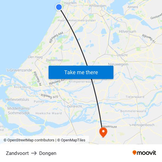 Zandvoort to Dongen map