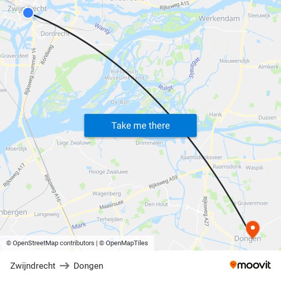 Zwijndrecht to Dongen map