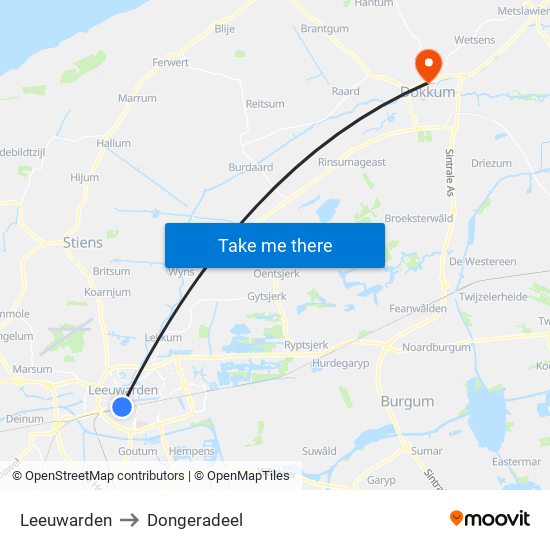 Leeuwarden to Dongeradeel map