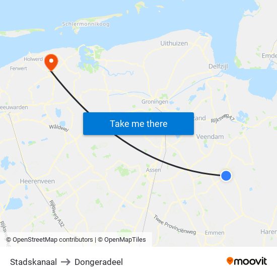 Stadskanaal to Dongeradeel map