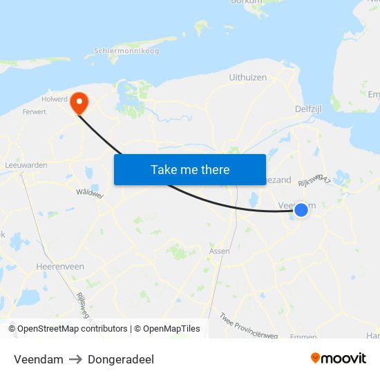Veendam to Dongeradeel map