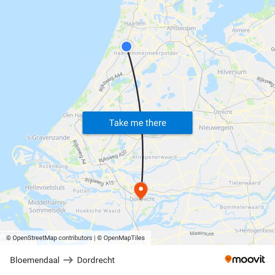 Bloemendaal to Dordrecht map