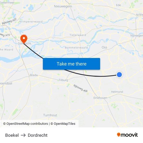 Boekel to Dordrecht map