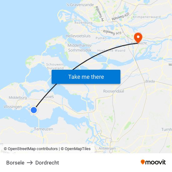 Borsele to Dordrecht map