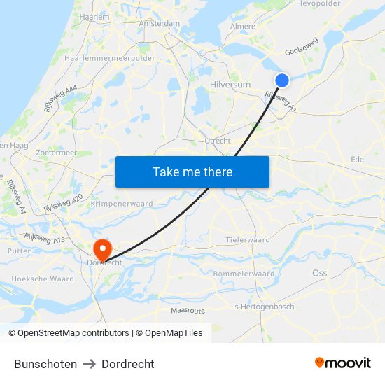 Bunschoten to Dordrecht map