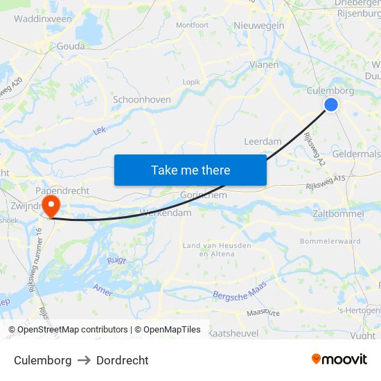 Culemborg to Dordrecht map