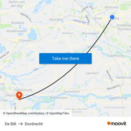 De Bilt to Dordrecht map