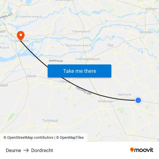 Deurne to Dordrecht map