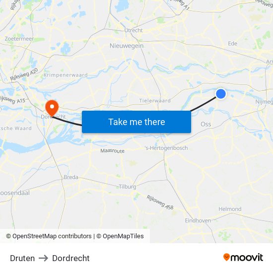 Druten to Dordrecht map