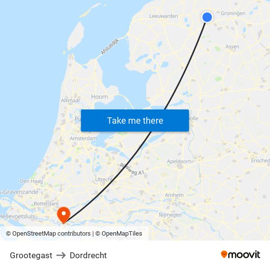 Grootegast to Dordrecht map