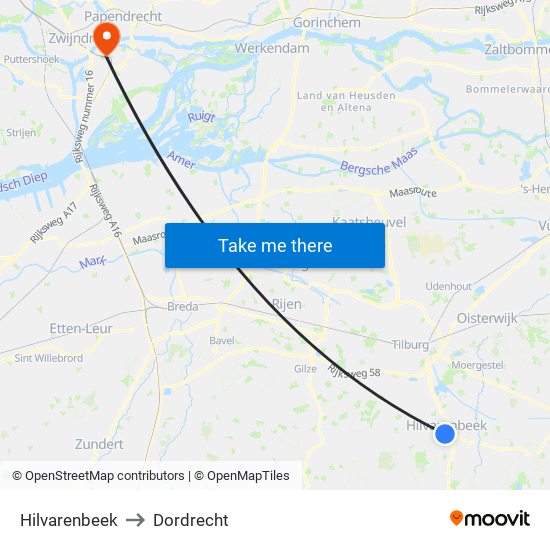 Hilvarenbeek to Dordrecht map