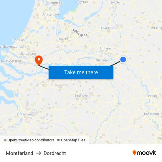 Montferland to Dordrecht map
