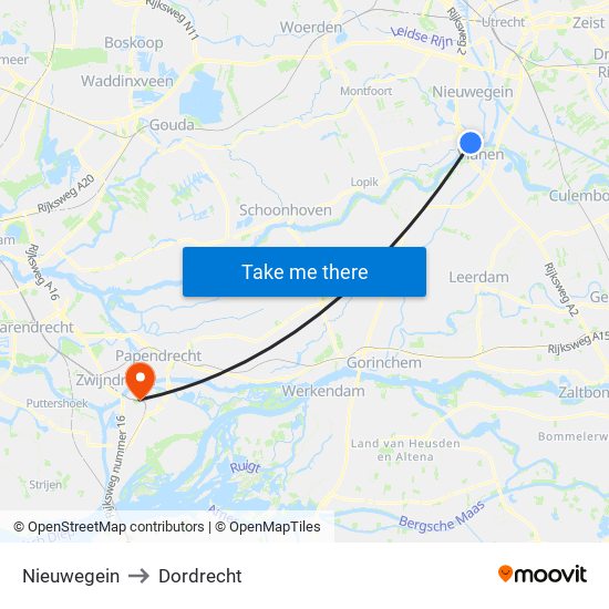 Nieuwegein to Dordrecht map