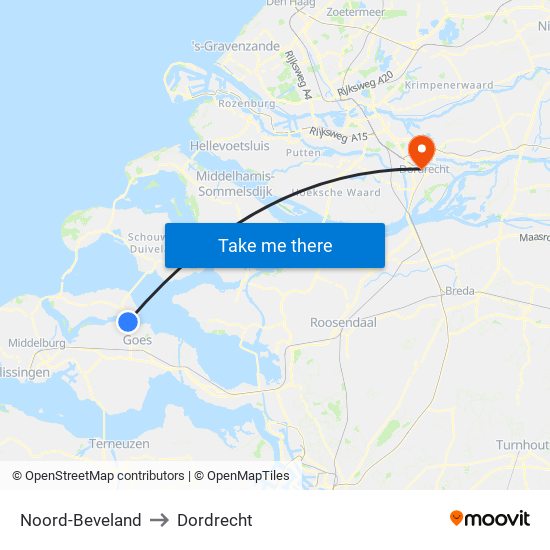 Noord-Beveland to Dordrecht map