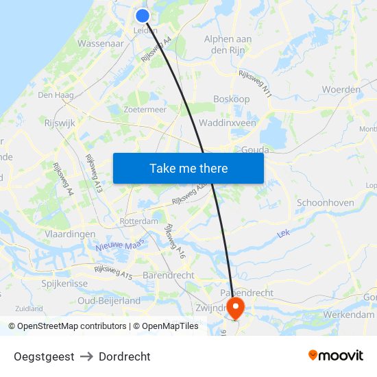 Oegstgeest to Dordrecht map