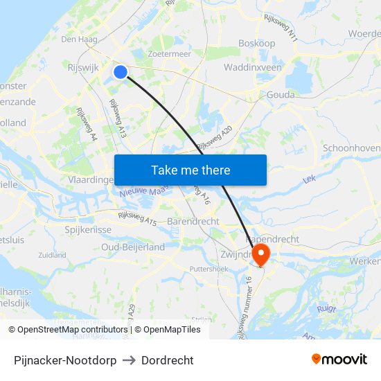 Pijnacker-Nootdorp to Dordrecht map