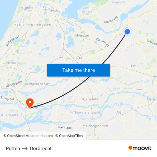 Putten to Dordrecht map