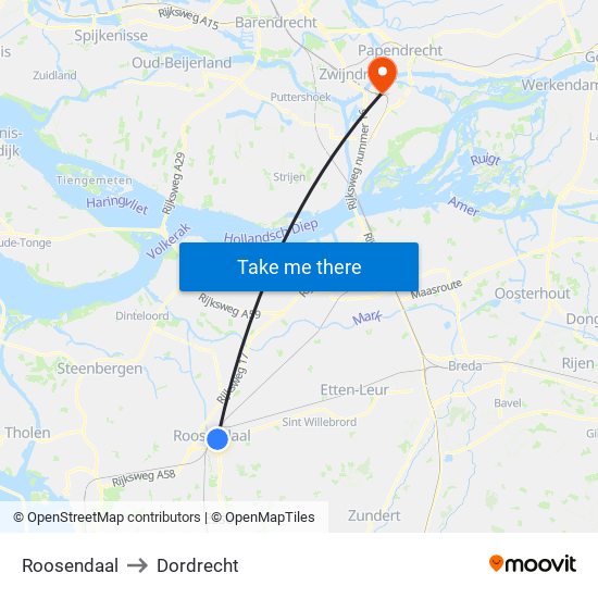 Roosendaal to Dordrecht map