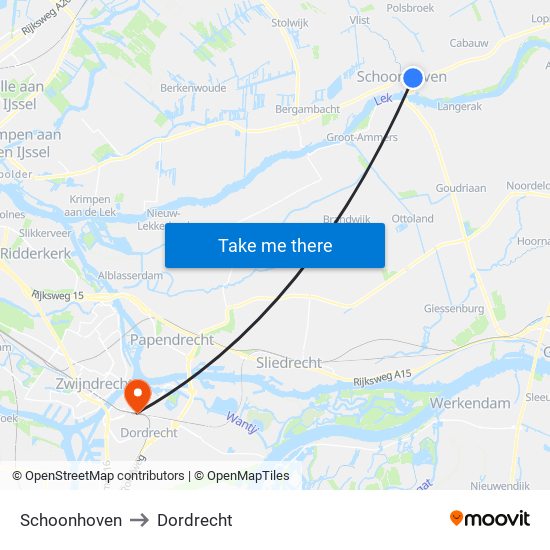 Schoonhoven to Dordrecht map