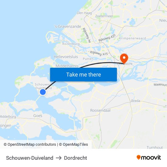 Schouwen-Duiveland to Dordrecht map